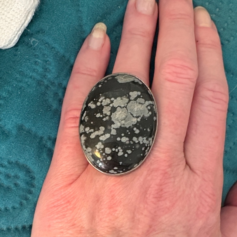 Oval Snowflake Obsidian Statement Ring - image 1